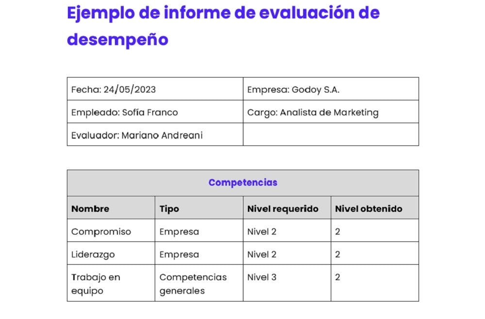 ejemplo de evaluación de desempeño