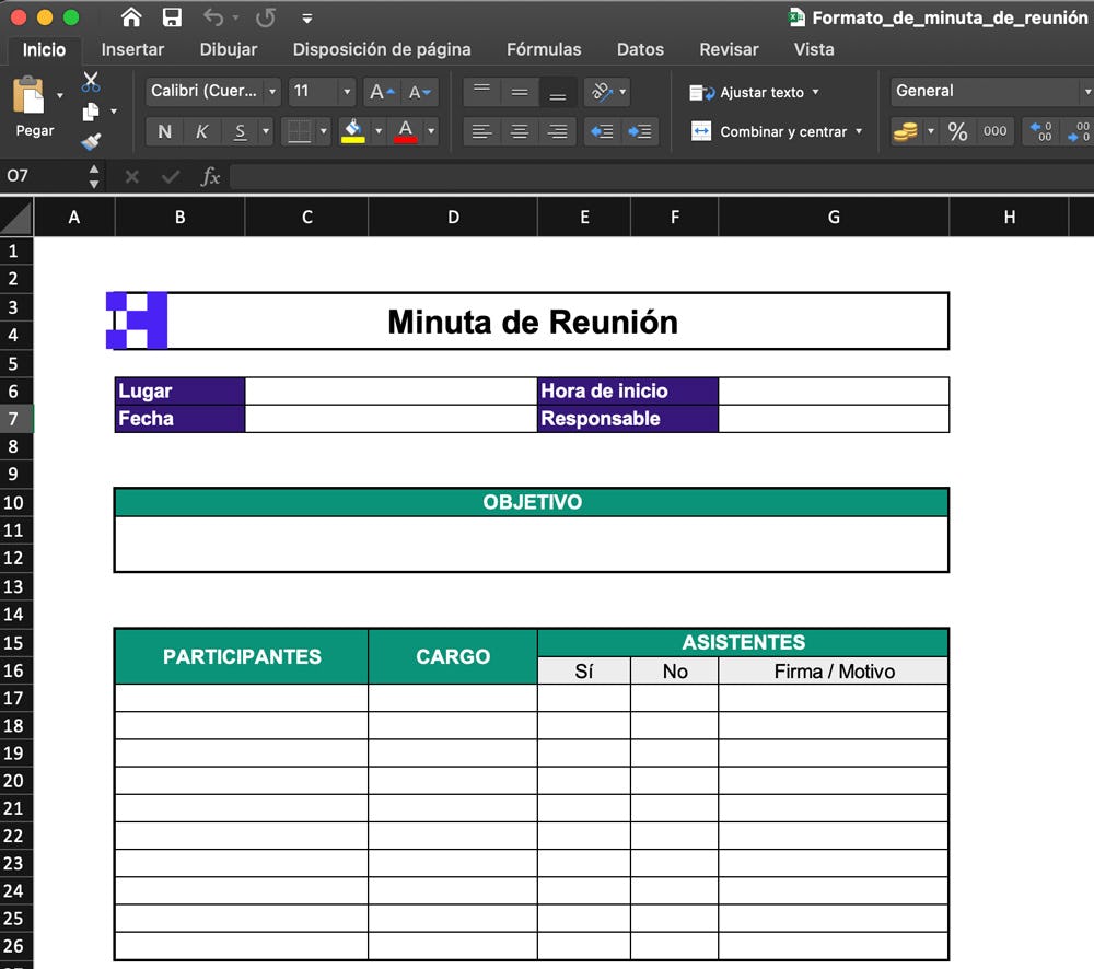 Formato de minuta de reunión en Excel