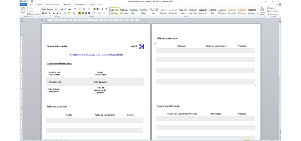 Plantilla de informe laboral de Word