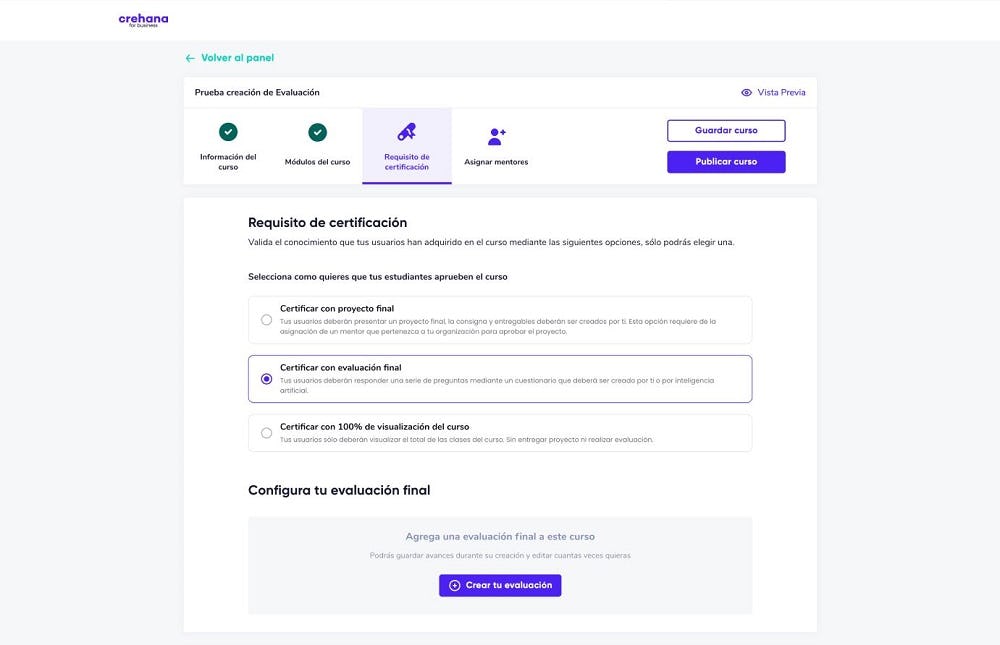 crear evaluacion en crehana