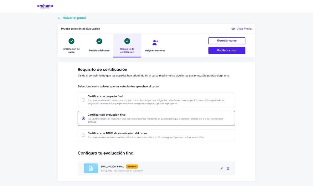 evaluaciones de rendimiento en crehana