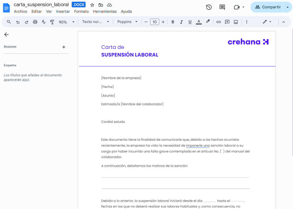 carta de suspensión laboral crehana plantilla recurso word