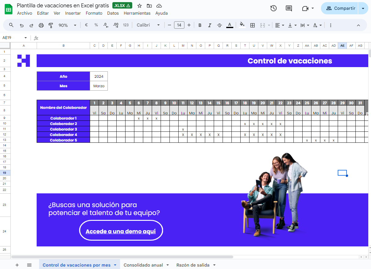 ejemplo control vacaciones excel