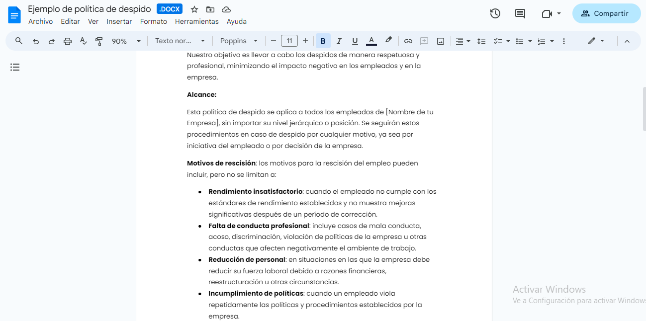 ejemplo de política de despido personalizable en Word por Crehana