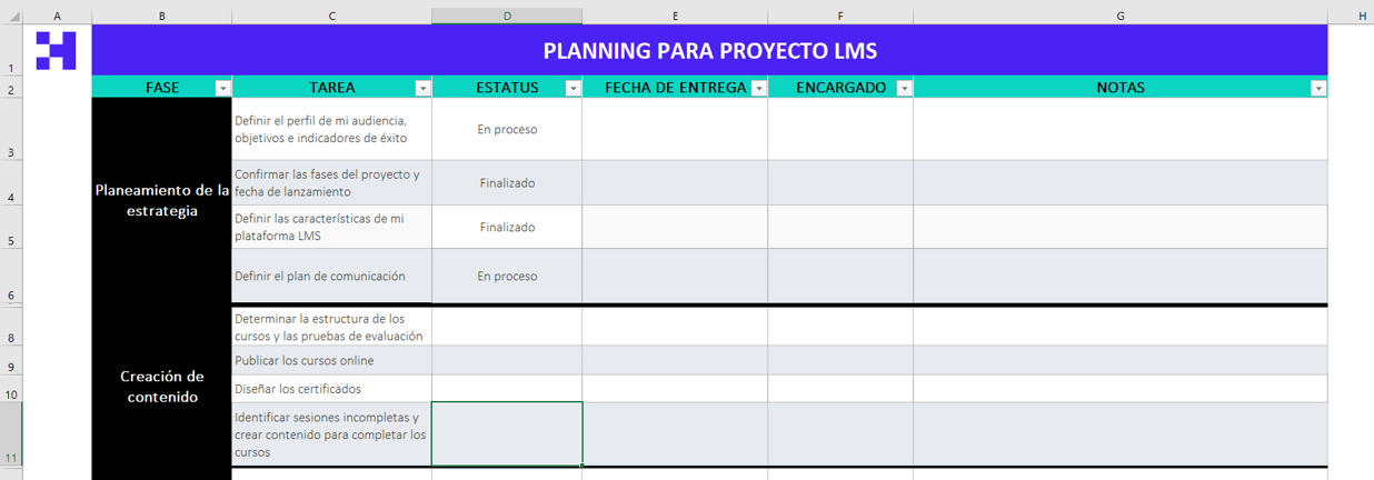 plantilla LMS para hacer planning