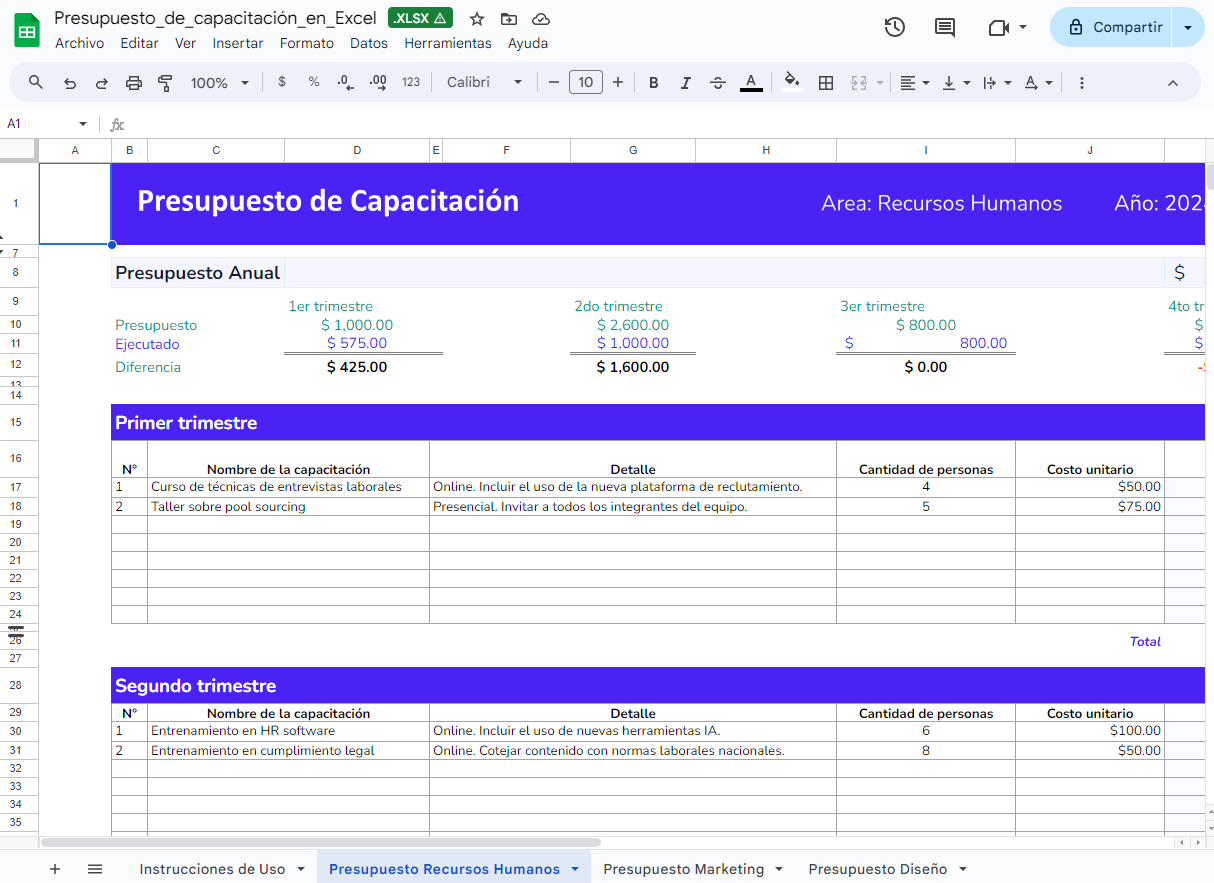 plantilla de presupuesto de capacitación en Excel por Crehana